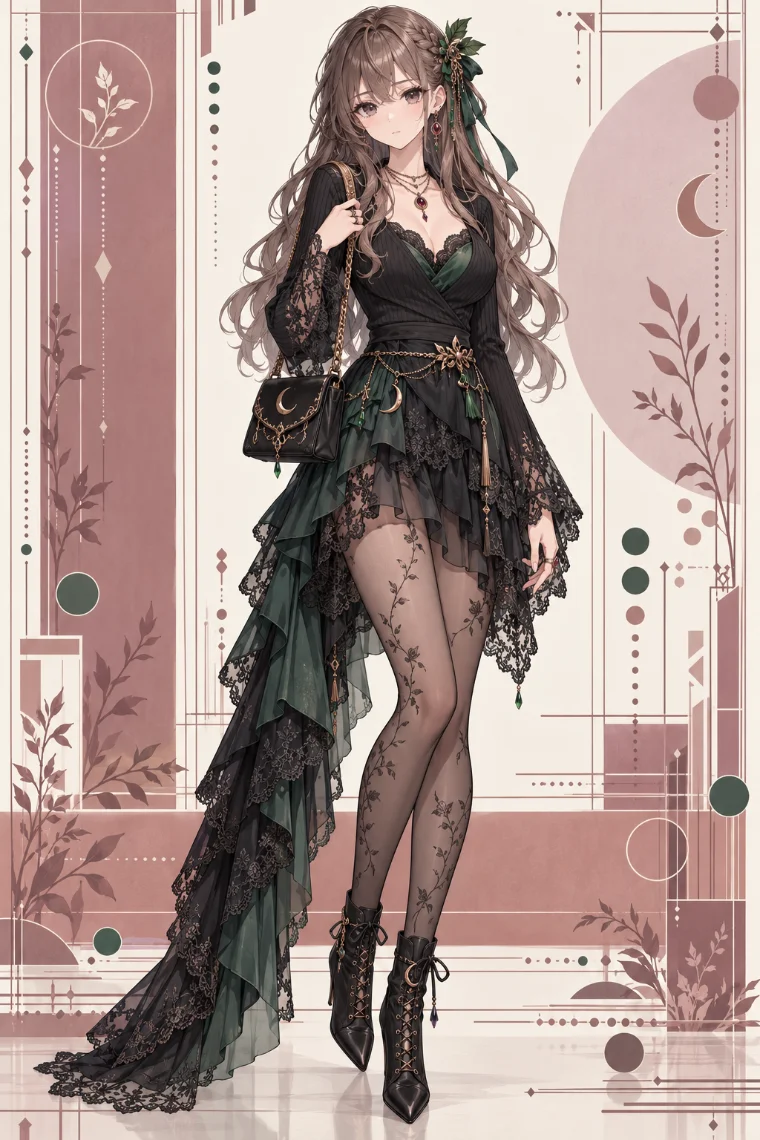 AIイラスト版｜黒のラップニット、深緑サテンと黒レースのアシメスカート、植物柄タイツ