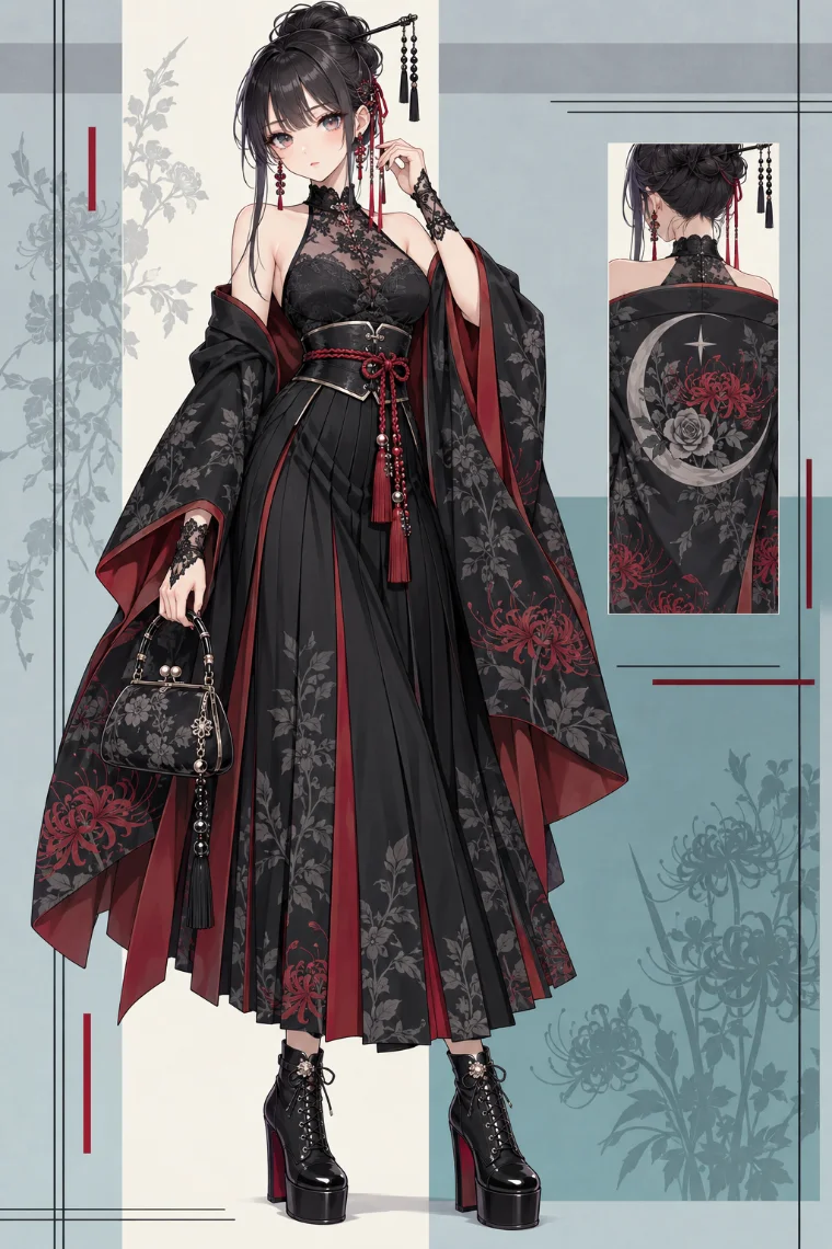 AIイラスト版｜彼岸花模様の黒い着物風ローブ、黒のプリーツロングスカート、赤の飾り紐