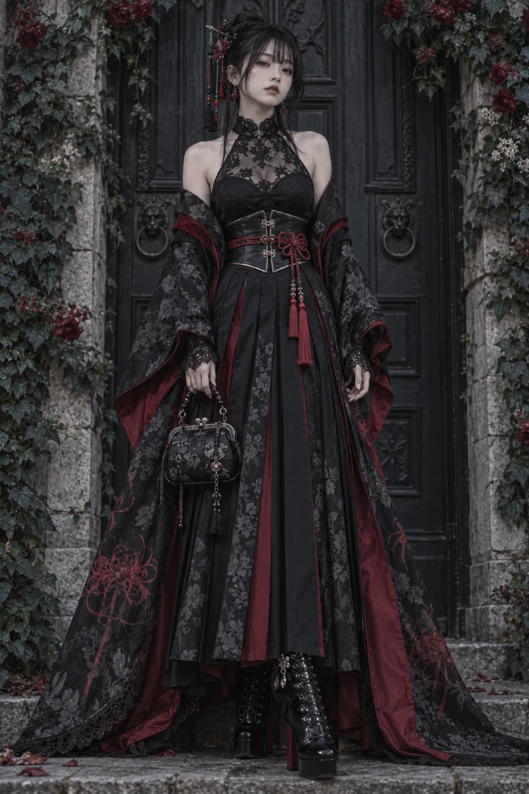 実写AI版｜彼岸花模様の黒い着物風ローブ、黒のプリーツロングスカート、赤の飾り紐