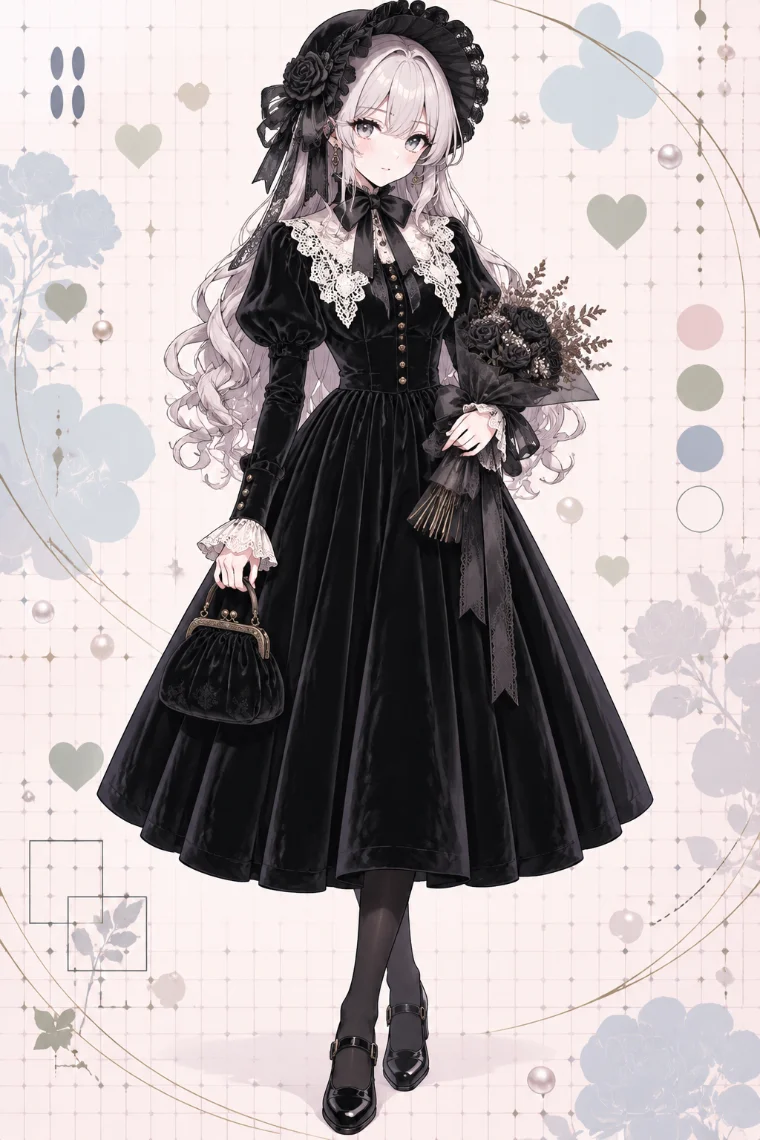 AIイラスト版｜黒バラ付きボンネット、アイボリーのレース襟、黒ベルベットのAラインドレス