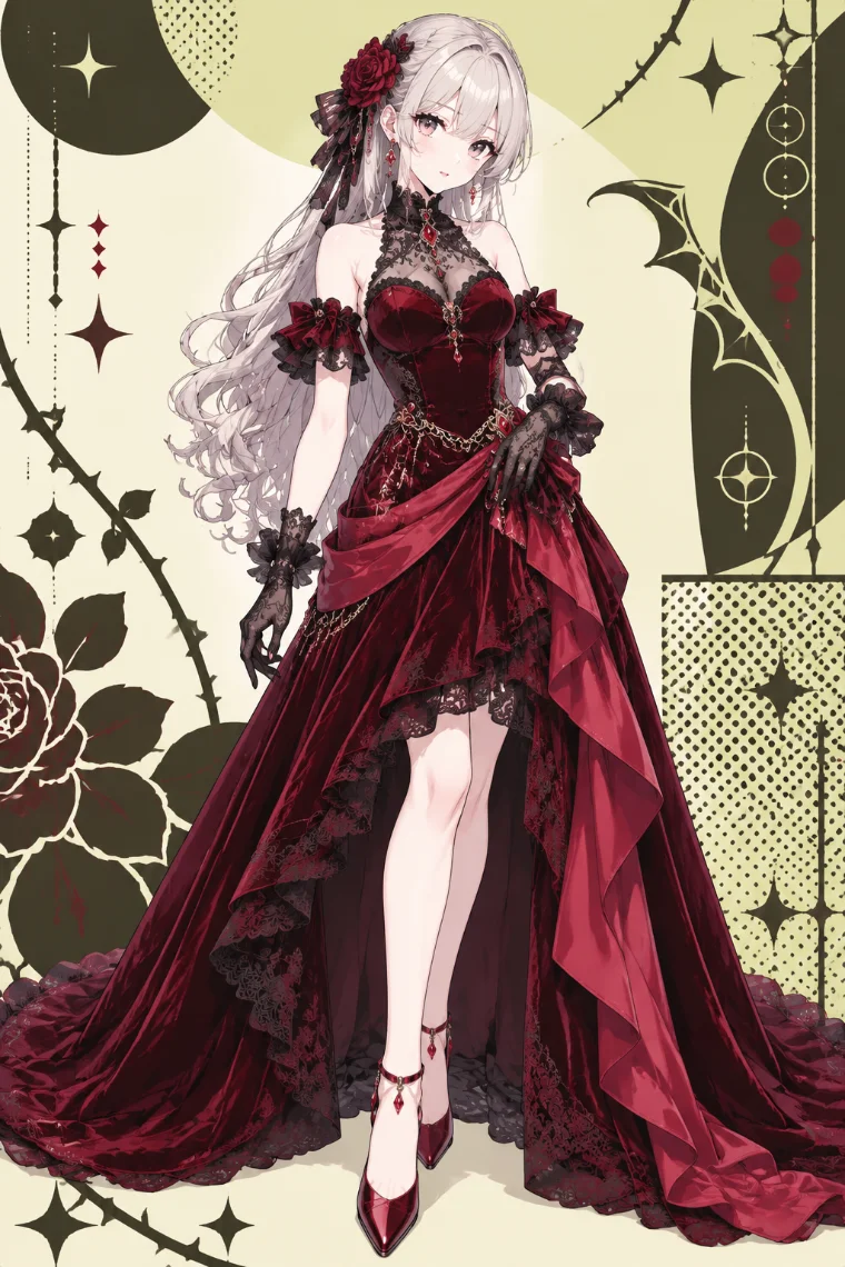 AIイラスト版｜深紅のベルベットロングドレス、黒レースのハイネック、赤サテンのドレープ