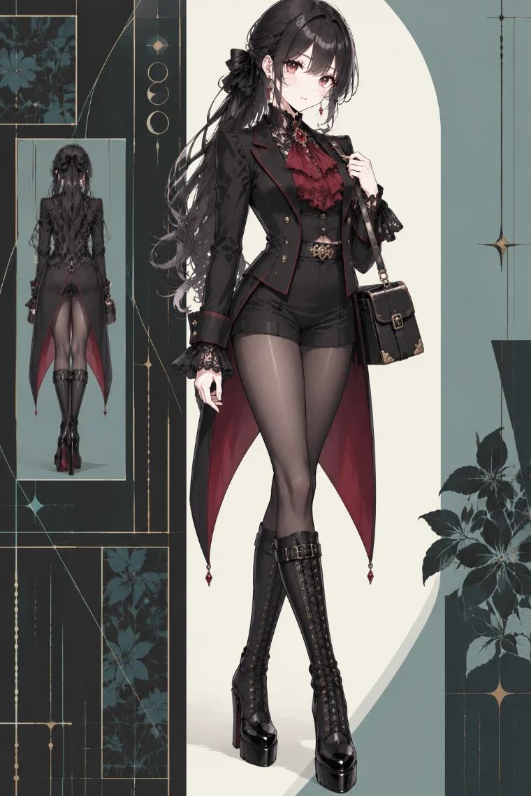 AIイラスト版｜黒のテールコート、深紅のサテンジャボ、黒ショートパンツ、厚底編み上げブーツ