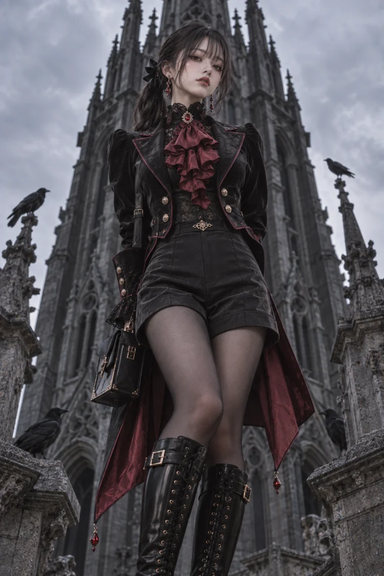 実写AI版｜黒のテールコート、深紅のサテンジャボ、黒ショートパンツ、厚底編み上げブーツ