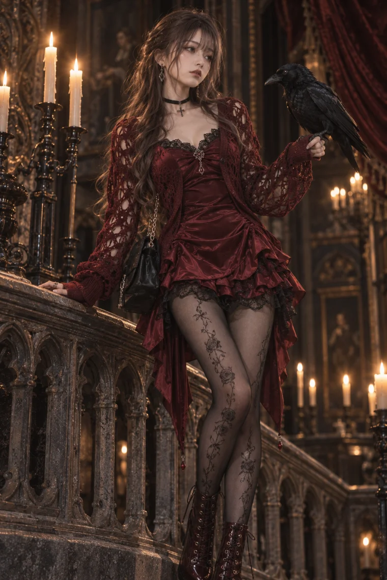 実写AI版｜ワインレッドの透かし編みカーデ、深紅のサテンミニドレス、バラ模様の黒タイツ