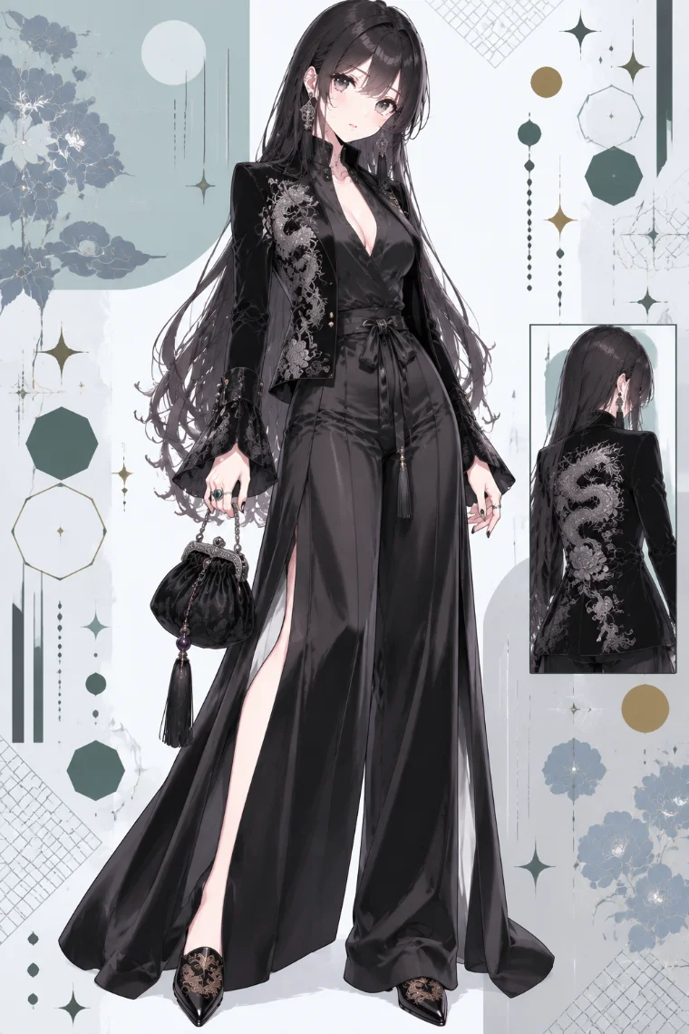 AIイラスト版｜龍刺繍の黒ベルベットジャケット、黒サテンのスリット入りワイドパンツ、龍刺繍のミュール