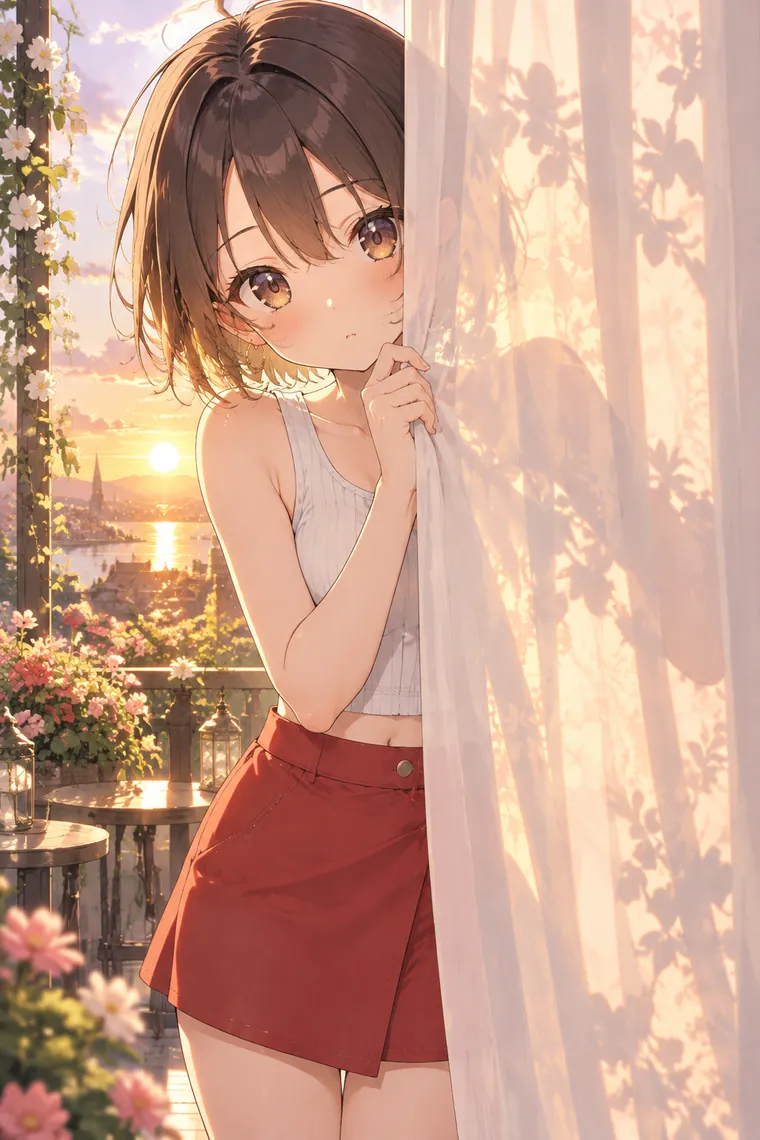 AIイラスト版｜カーテンの陰から顔をのぞかせるポーズ｜窓・窓辺を使った女の子のポーズ