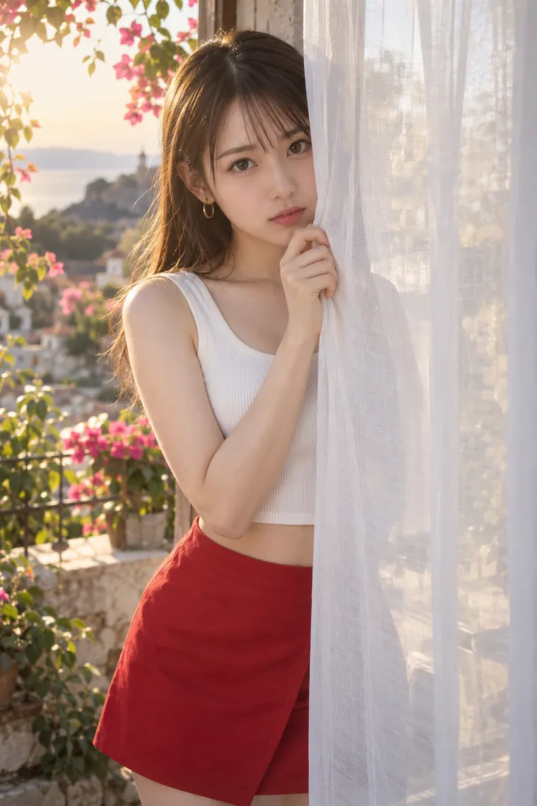 実写AI版｜カーテンの陰から顔をのぞかせるポーズ｜窓・窓辺を使った女の子のポーズ