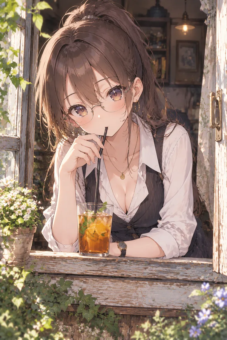 AIイラスト版｜窓台に肘をついてストローで飲むポーズ｜窓・窓辺を使った女の子のポーズ