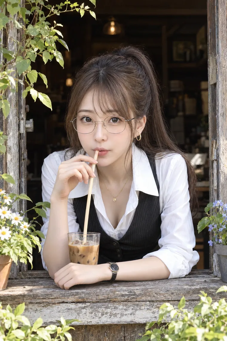 実写AI版｜窓台に肘をついてストローで飲むポーズ｜窓・窓辺を使った女の子のポーズ