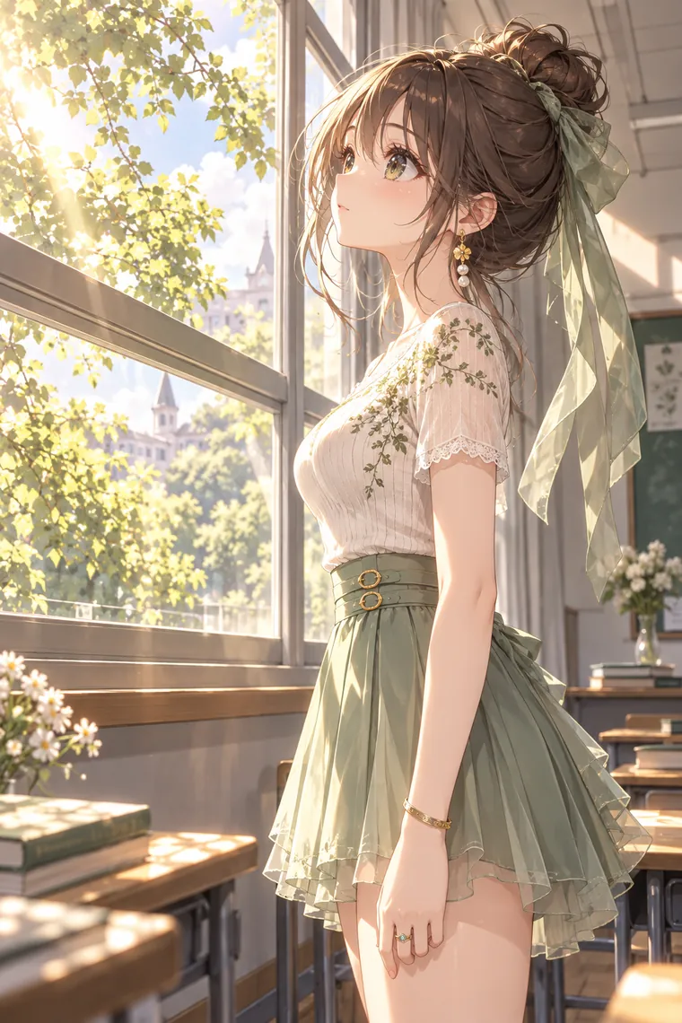AIイラスト版｜教室の窓辺で光を見上げるポーズ｜窓・窓辺を使った女の子のポーズ