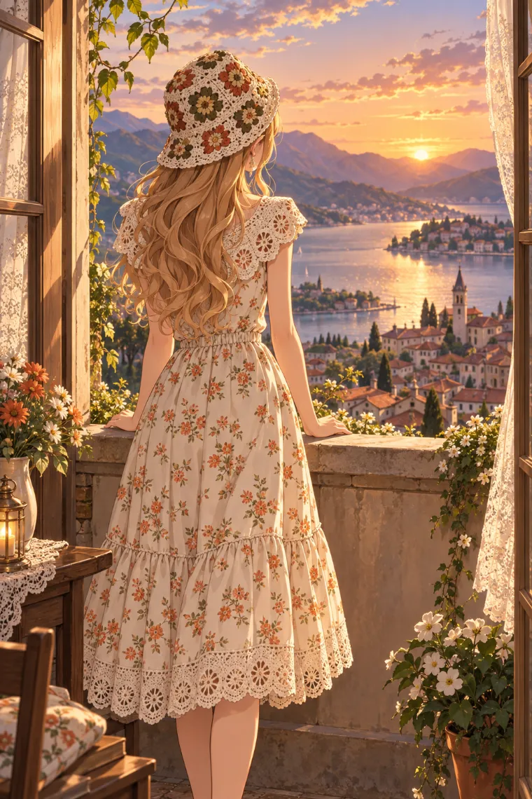 AIイラスト版｜窓枠越しに夕景を眺める後ろ姿ポーズ｜窓・窓辺を使った女の子のポーズ