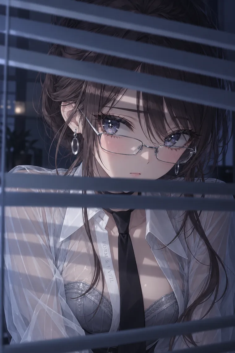 AIイラスト版｜ブラインドの隙間から外をのぞくポーズ｜窓・窓辺を使った女の子のポーズ