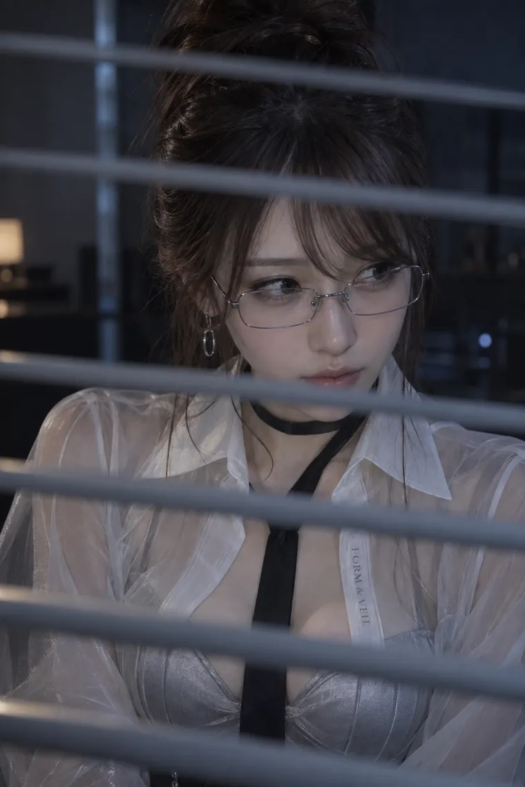 実写AI版｜ブラインドの隙間から外をのぞくポーズ｜窓・窓辺を使った女の子のポーズ