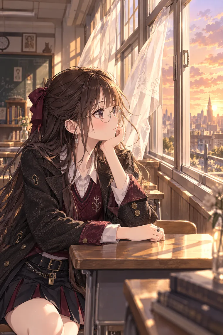 AIイラスト版｜夕日の教室で頬杖をついて外を見るポーズ｜窓・窓辺を使った女の子のポーズ