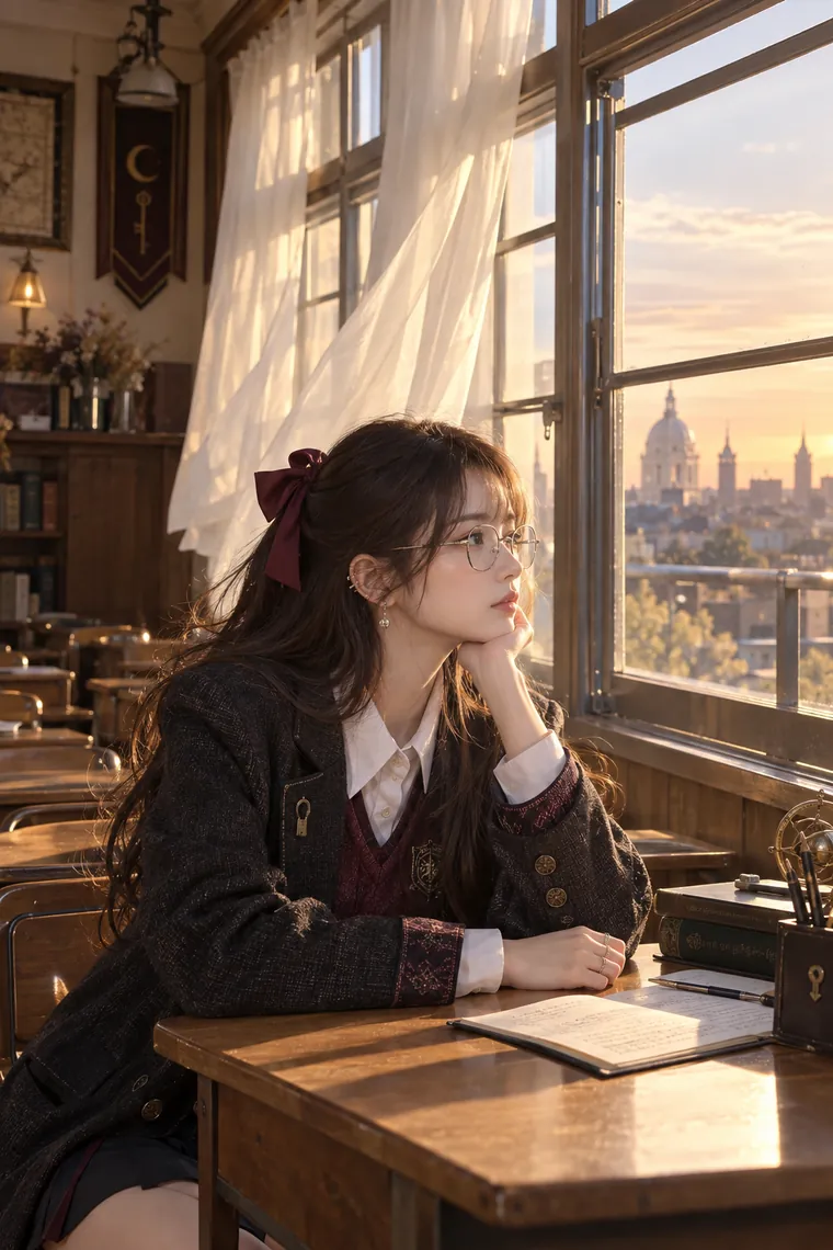 実写AI版｜夕日の教室で頬杖をついて外を見るポーズ｜窓・窓辺を使った女の子のポーズ
