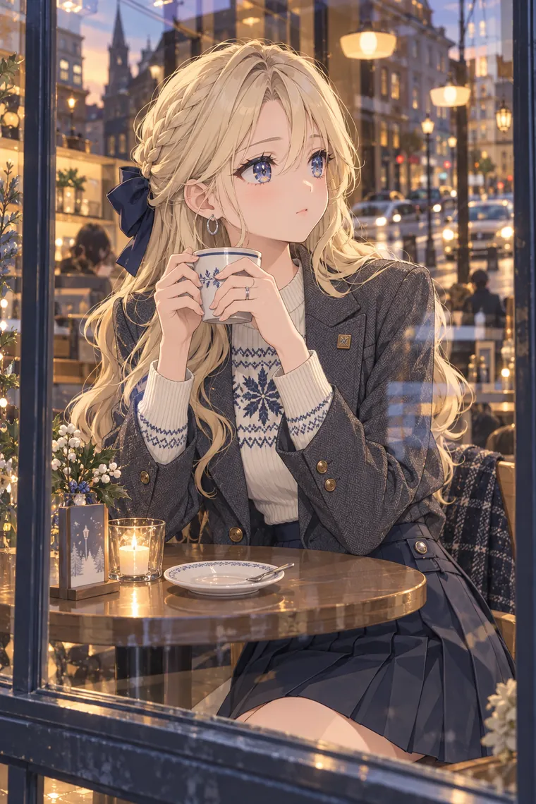 AIイラスト版｜カフェの窓辺でカップを両手に持つポーズ｜窓・窓辺を使った女の子のポーズ