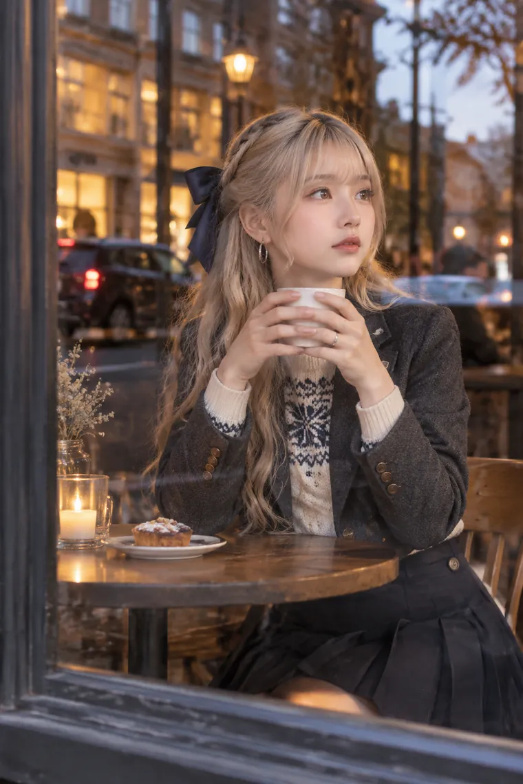 実写AI版｜カフェの窓辺でカップを両手に持つポーズ｜窓・窓辺を使った女の子のポーズ