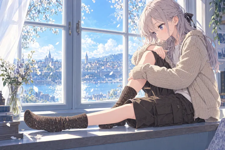 AIイラスト版｜窓台で片膝を立ててうつむくポーズ｜窓・窓辺を使った女の子のポーズ