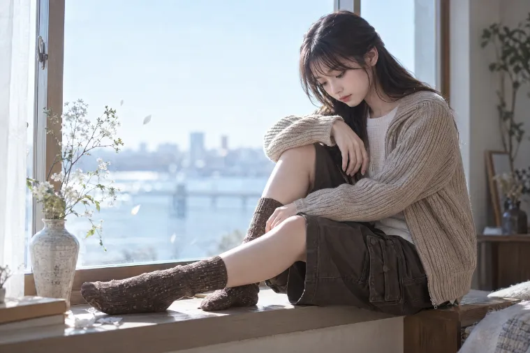 実写AI版｜窓台で片膝を立ててうつむくポーズ｜窓・窓辺を使った女の子のポーズ