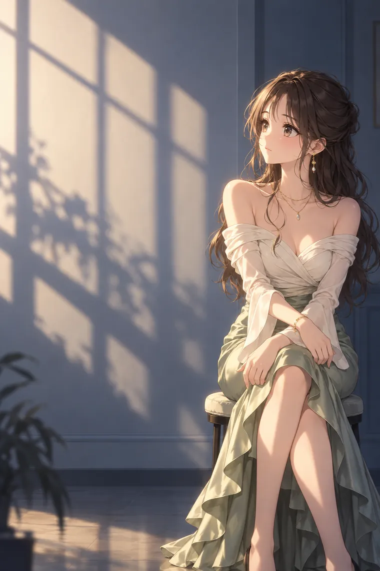 AIイラスト版｜窓の光を受けて膝の上で腕を交差するポーズ｜窓・窓辺を使った女の子のポーズ