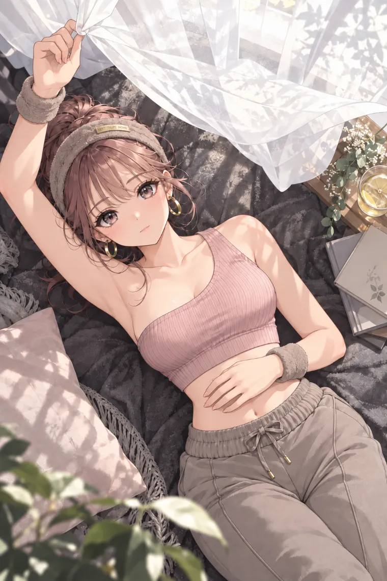 AIイラスト版｜窓の下に寝そべってカーテンへ手を伸ばすポーズ｜窓・窓辺を使った女の子のポーズ