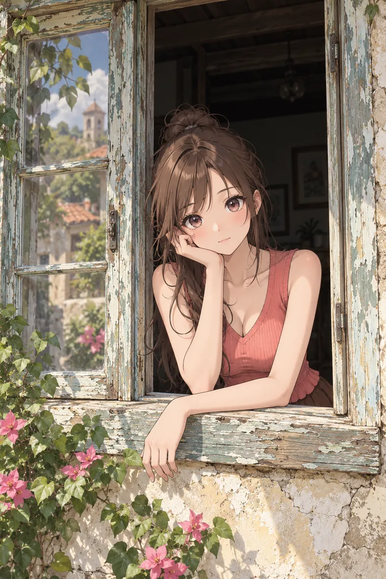AIイラスト版｜窓から身を乗り出して頬杖をつくポーズ｜窓・窓辺を使った女の子のポーズ