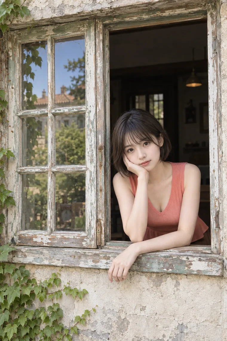 実写AI版｜窓から身を乗り出して頬杖をつくポーズ｜窓・窓辺を使った女の子のポーズ