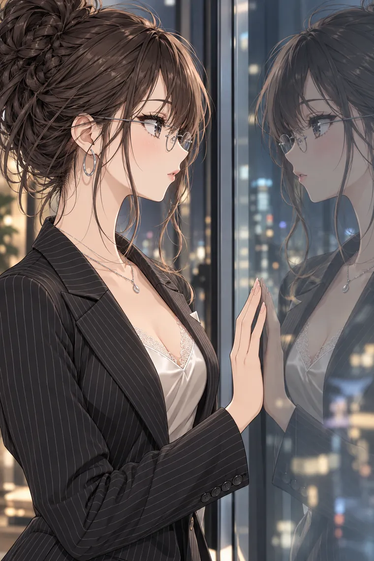 AIイラスト版｜ガラスに手を添えて映った自分を見つめるポーズ｜窓・窓辺を使った女の子のポーズ
