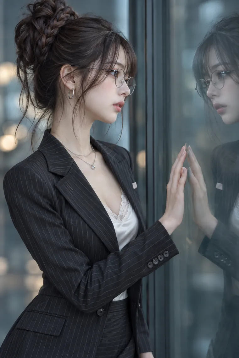 実写AI版｜ガラスに手を添えて映った自分を見つめるポーズ｜窓・窓辺を使った女の子のポーズ
