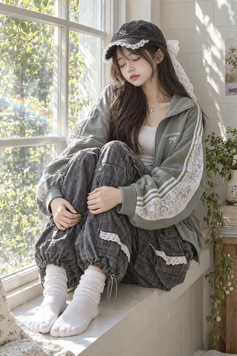 実写AI版｜窓台で膝を抱えて目を閉じるポーズ｜窓・窓辺を使った女の子のポーズ