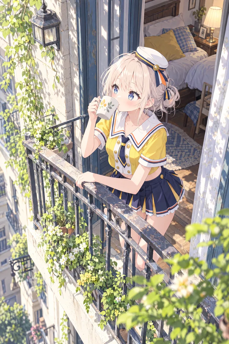 AIイラスト版｜バルコニーの手すりに腕を預けて飲むポーズ｜窓・窓辺を使った女の子のポーズ