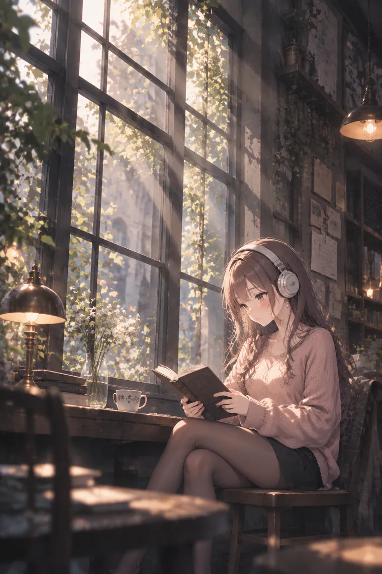 AIイラスト版｜ヘッドフォンを着けて窓辺で読書するポーズ｜窓・窓辺を使った女の子のポーズ