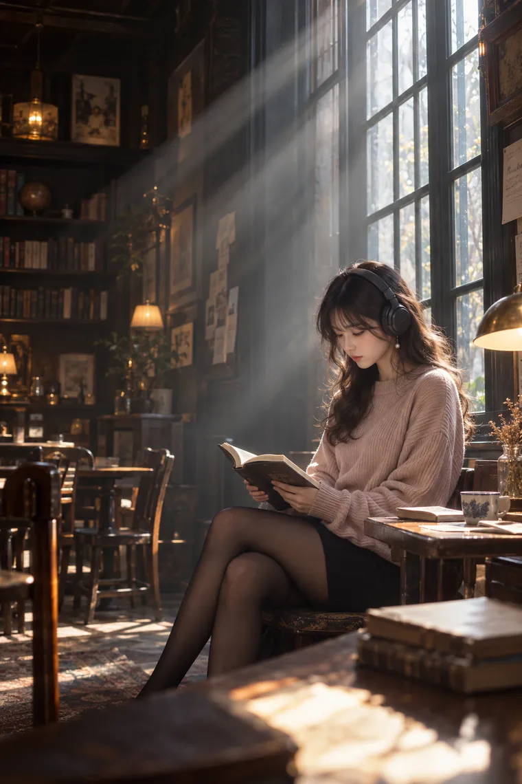 実写AI版｜ヘッドフォンを着けて窓辺で読書するポーズ｜窓・窓辺を使った女の子のポーズ