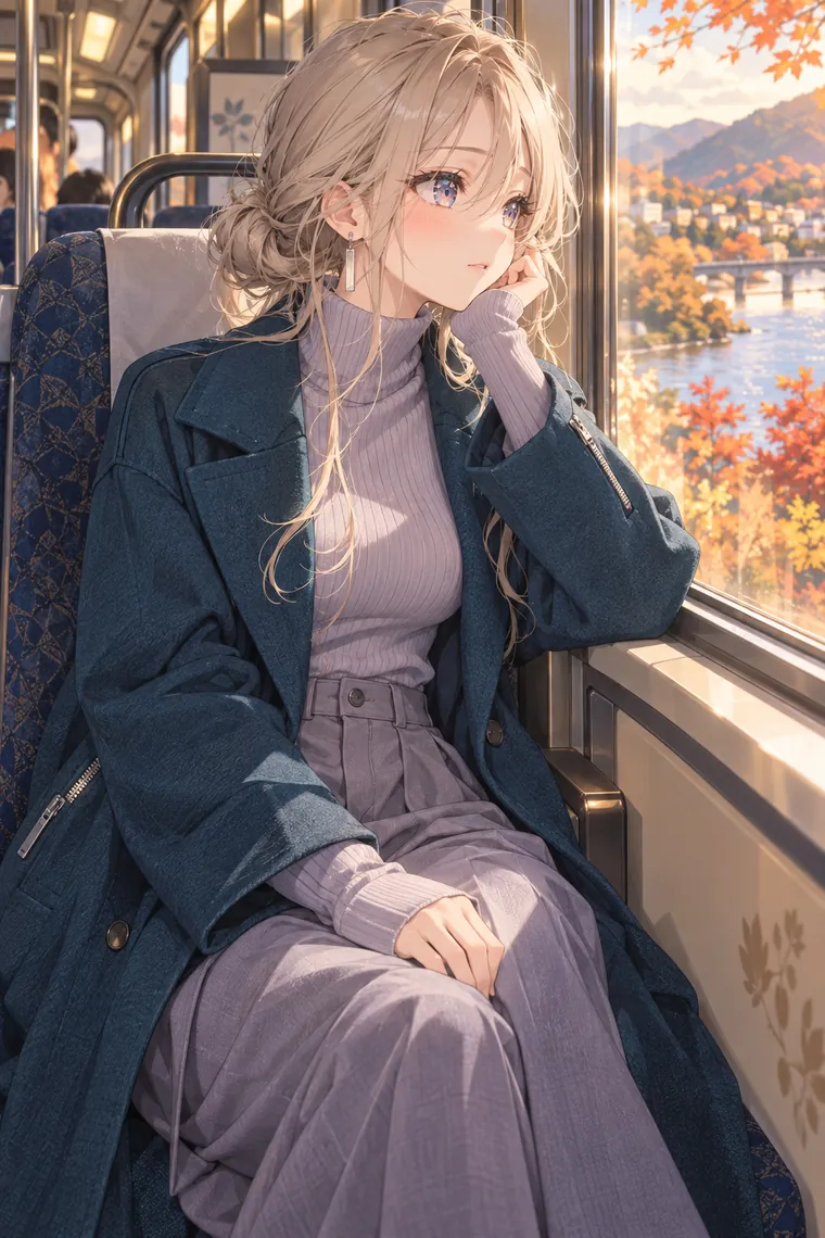 AIイラスト版｜頬杖をついて車窓を眺めるポーズ｜窓・窓辺を使った女の子のポーズ