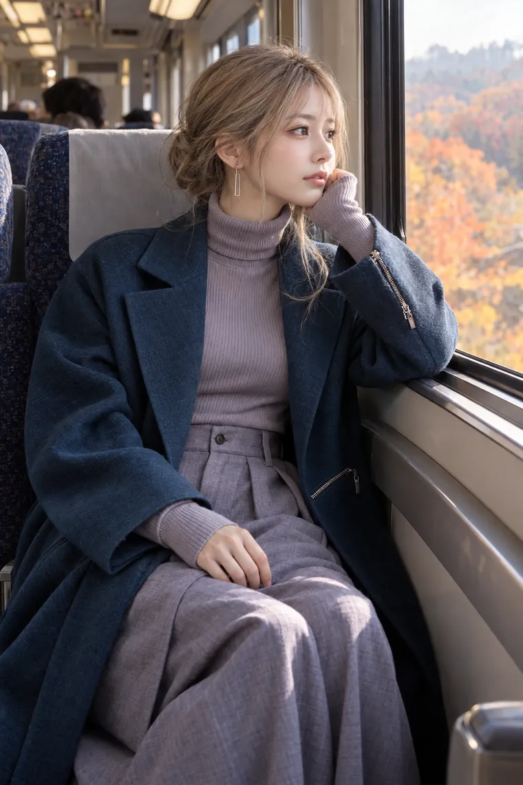 実写AI版｜頬杖をついて車窓を眺めるポーズ｜窓・窓辺を使った女の子のポーズ