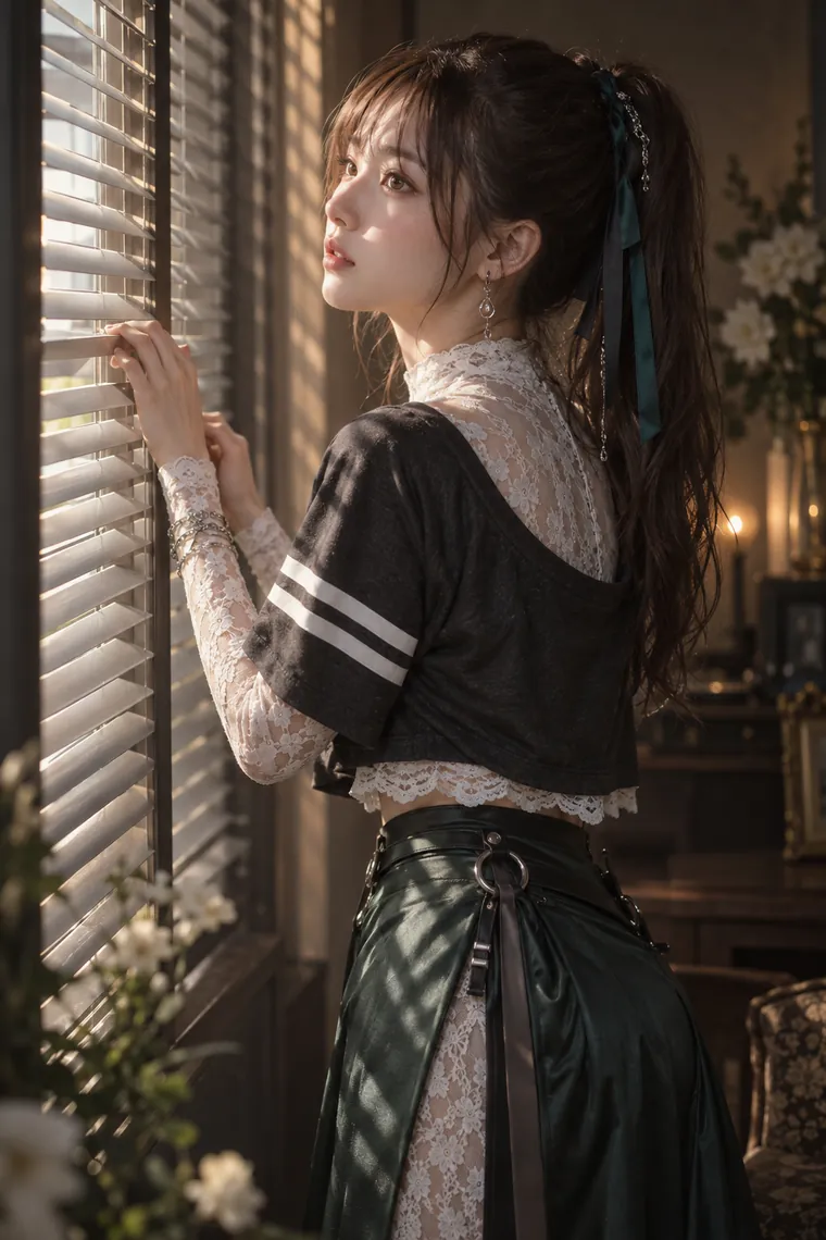 実写AI版｜ブラインドに両手を添えて光を見上げるポーズ｜窓・窓辺を使った女の子のポーズ