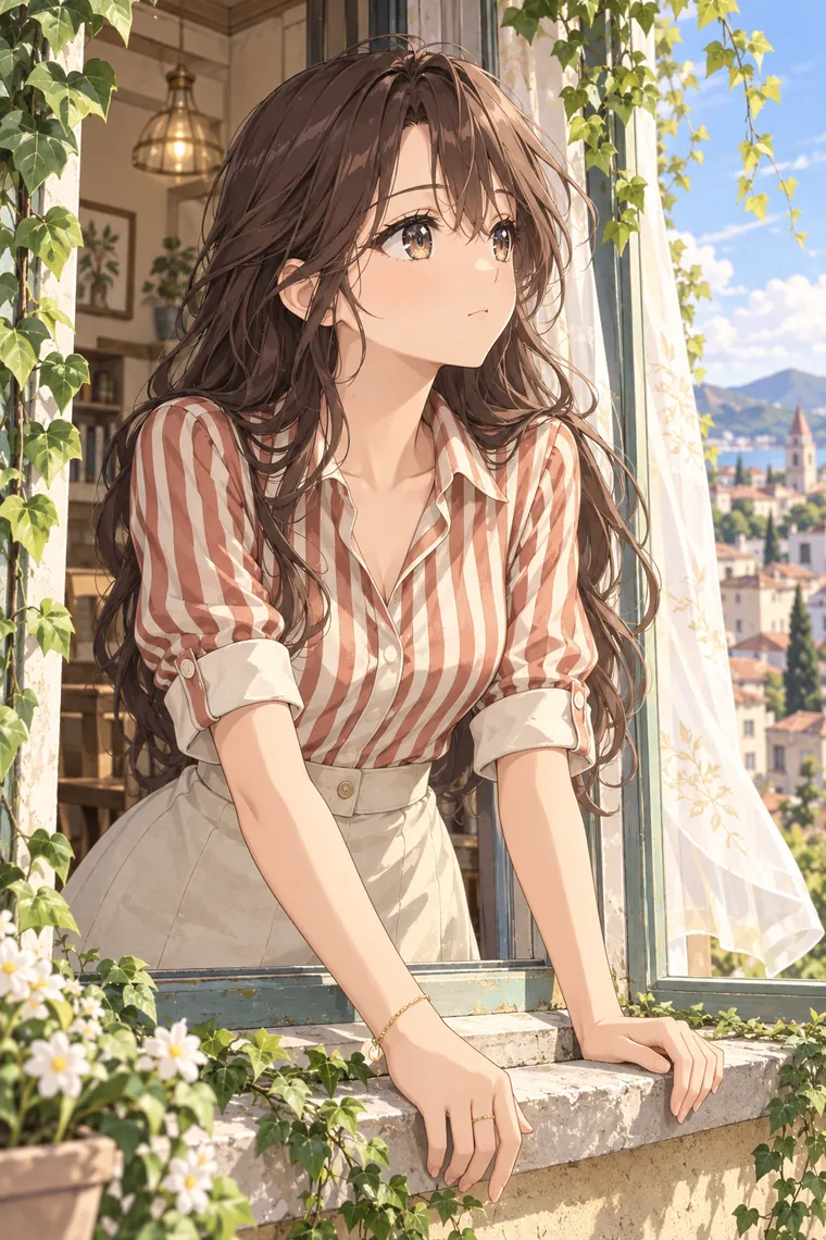 AIイラスト版｜ツタに囲まれた窓に腕を預けて外を眺めるポーズ｜窓・窓辺を使った女の子のポーズ