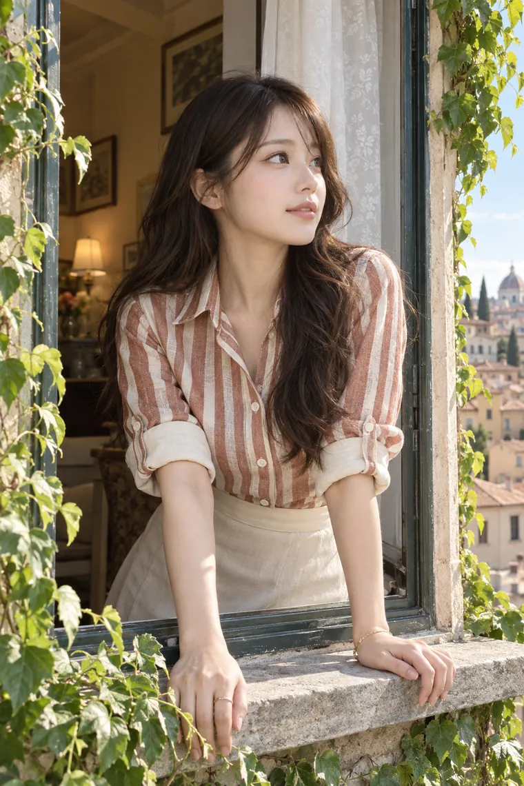 実写AI版｜ツタに囲まれた窓に腕を預けて外を眺めるポーズ｜窓・窓辺を使った女の子のポーズ