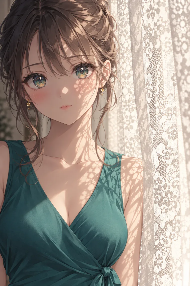 AIイラスト版｜レースの影を顔に受けるポーズ｜窓・窓辺を使った女の子のポーズ