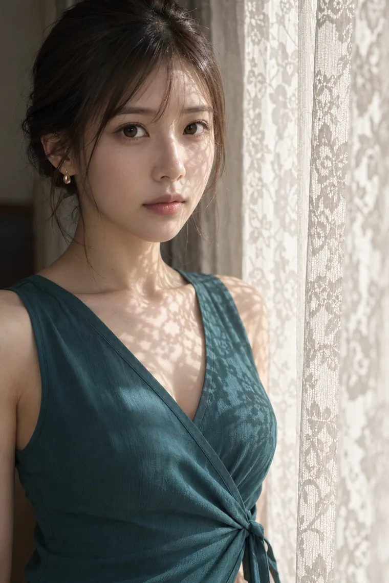 実写AI版｜レースの影を顔に受けるポーズ｜窓・窓辺を使った女の子のポーズ