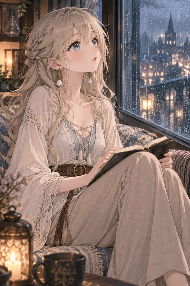 AIイラスト版｜読書の手を止めて雨の窓外を見るポーズ｜窓・窓辺を使った女の子のポーズ
