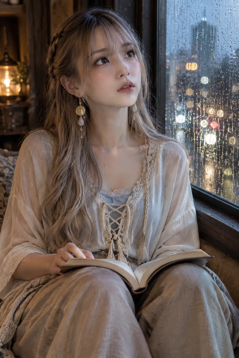 実写AI版｜読書の手を止めて雨の窓外を見るポーズ｜窓・窓辺を使った女の子のポーズ