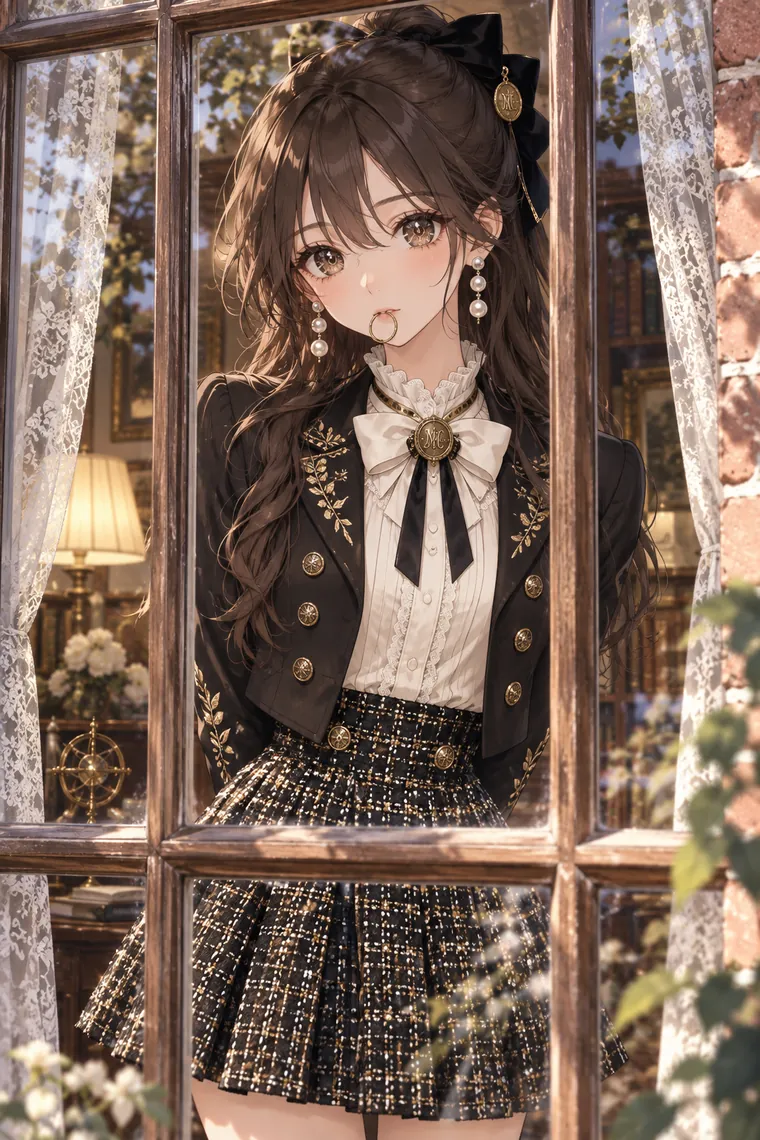 AIイラスト版｜窓越しに小物をくわえて見つめるポーズ｜窓・窓辺を使った女の子のポーズ
