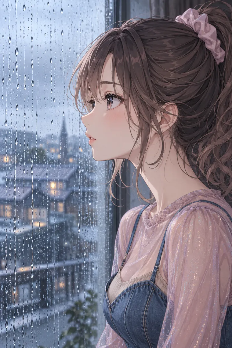 AIイラスト版｜雨の窓に顔を近づけて外を見つめるポーズ｜窓・窓辺を使った女の子のポーズ