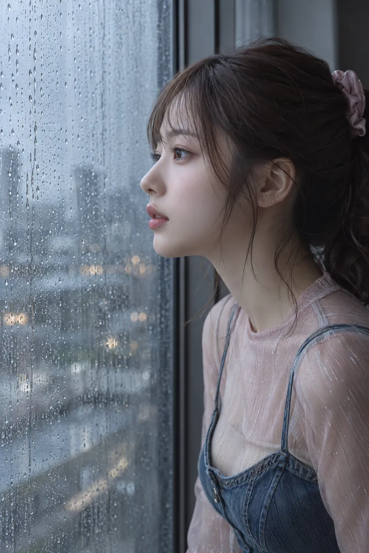実写AI版｜雨の窓に顔を近づけて外を見つめるポーズ｜窓・窓辺を使った女の子のポーズ