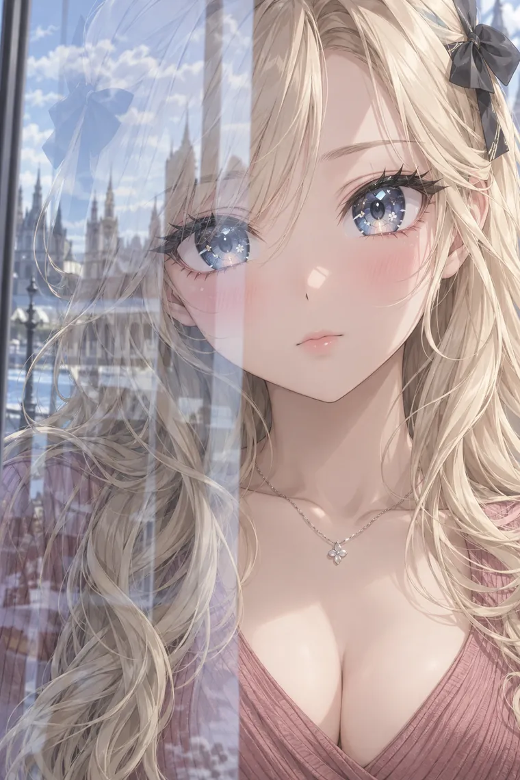 AIイラスト版｜ガラスの反射越しにカメラを見つめるポーズ｜窓・窓辺を使った女の子のポーズ