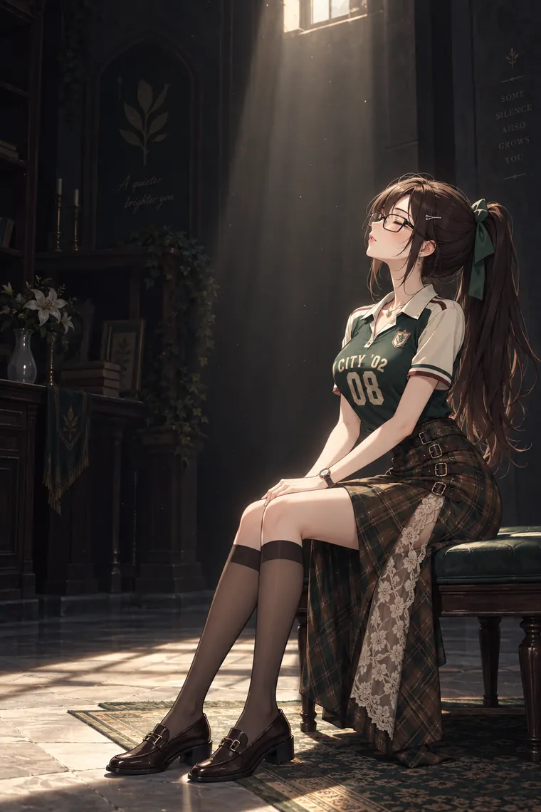AIイラスト版｜ベンチに座って一筋の光を見上げるポーズ｜窓・窓辺を使った女の子のポーズ
