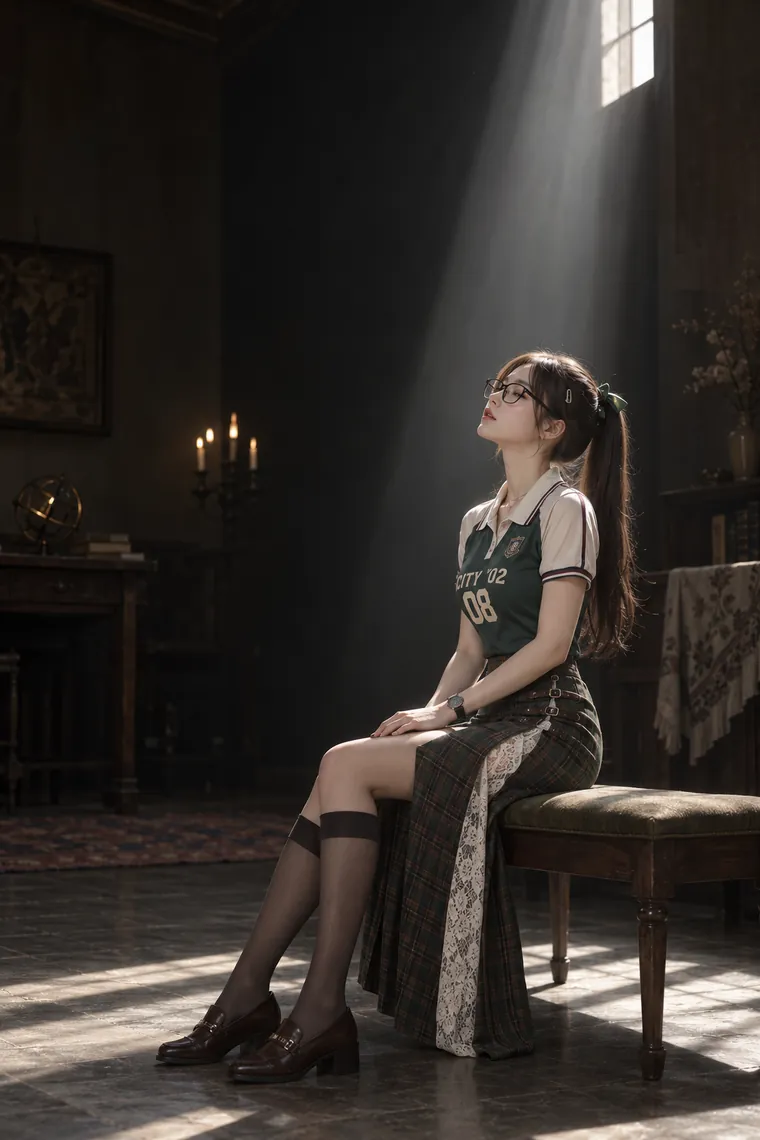 実写AI版｜ベンチに座って一筋の光を見上げるポーズ｜窓・窓辺を使った女の子のポーズ