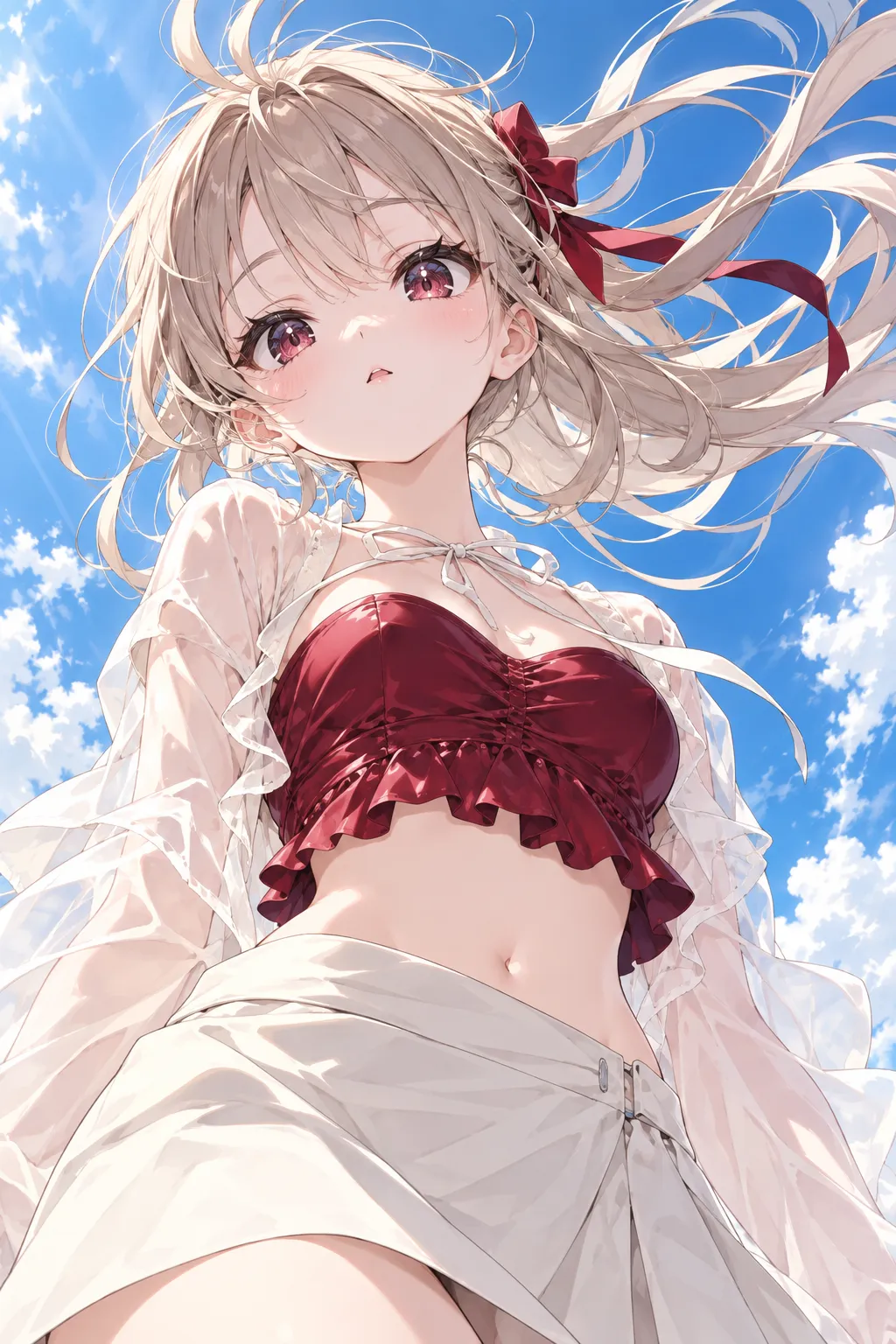 AIイラスト版｜強風で髪が大きく舞うローアングルポーズ｜風に反応する女の子のポーズ