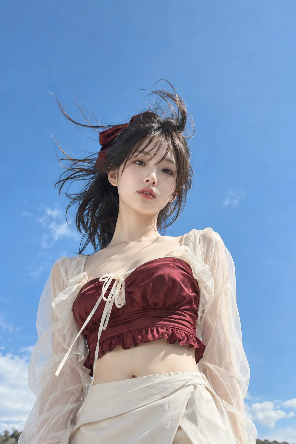 実写AI版｜強風で髪が大きく舞うローアングルポーズ｜風に反応する女の子のポーズ
